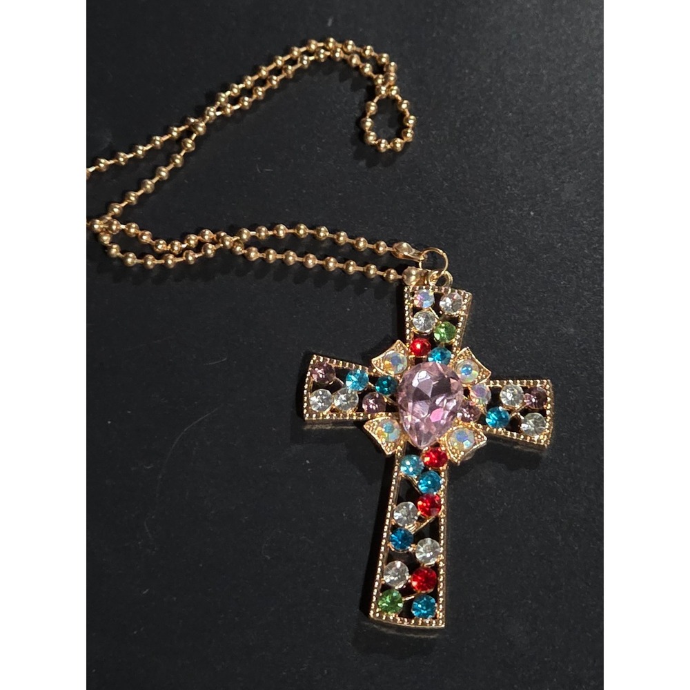 Unbranded Cross Necklace Women OS Gold Multi-Color Rhinestone Statement Pendant